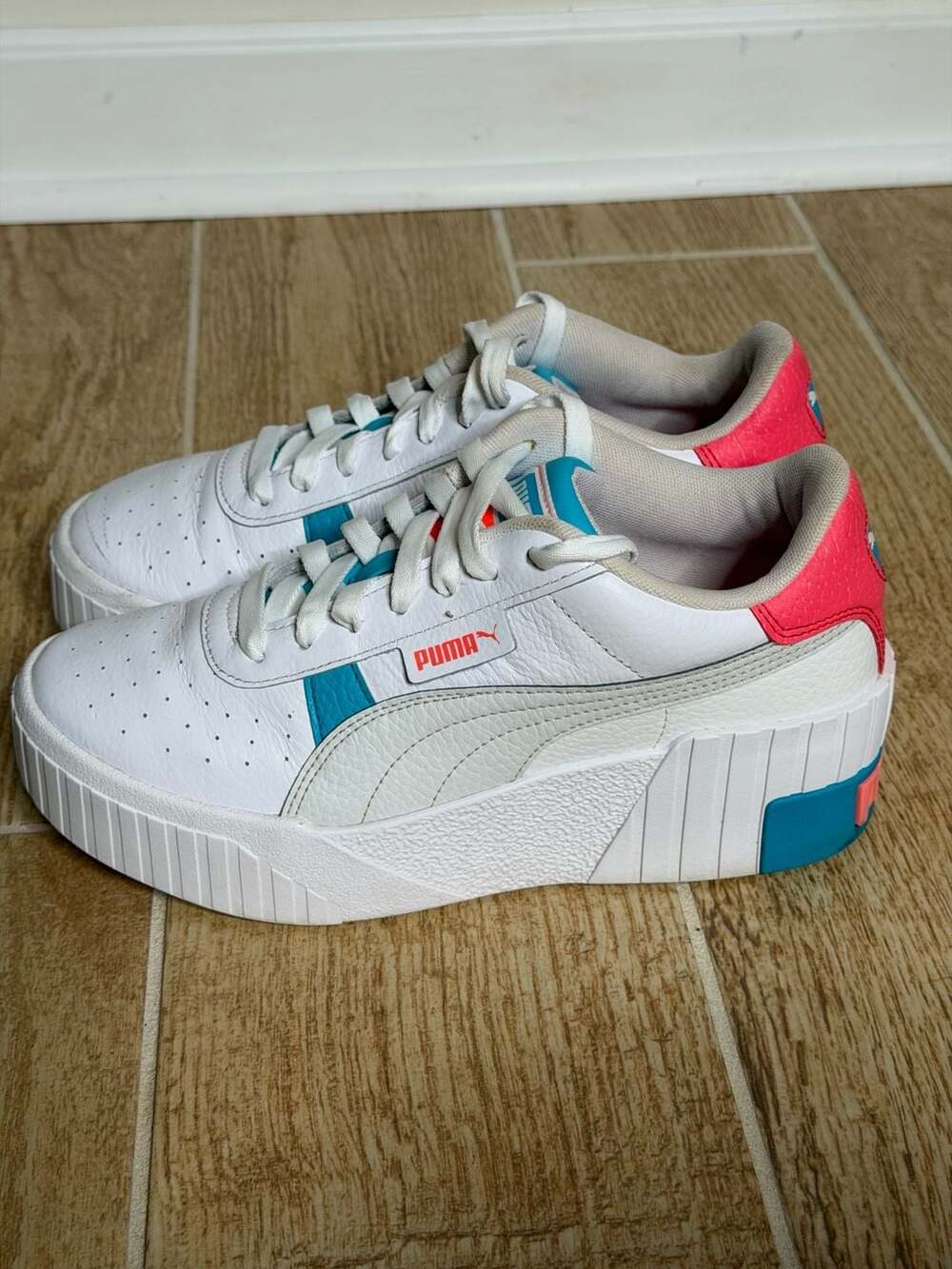 Puma Cali Wedge Platform Leather Sneakers White Pink Teal Women's